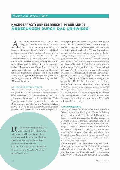 Artikelvorschau: Nachgefragt: Urheberrecht in der Lehre - Änderungen durch das UrhWissG